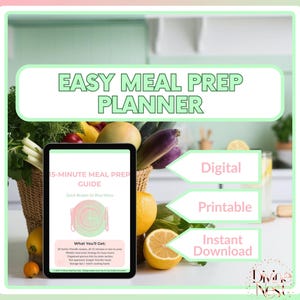 K&ouml;nnte beinhalten: Ein digitaler Essensplaner mit dem Text "Easy Meal Prep Planner" und "15-Minute Meal Prep Guide". Das Bild zeigt ein Tablet, frische Produkte und die Optionen "Digital", "Printable" und "Instant Download".