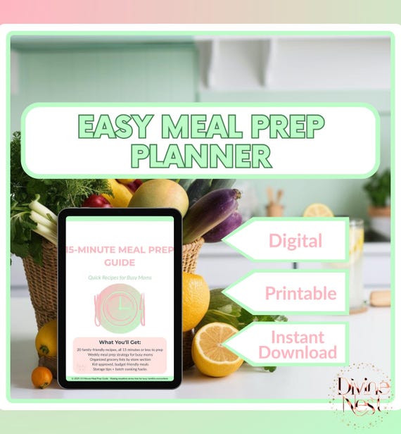 Easy Meal Prep Planner | 15-Minute Recipes | Digital Meal Planning Guide | Printable Grocery Lists | Weekly Prep System | Instant Download