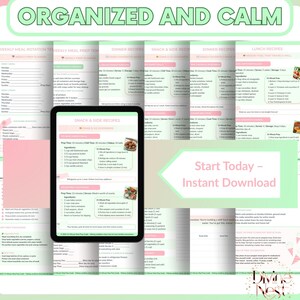 K&ouml;nnte beinhalten: Ein digitaler Essensplaner mit dem Text &bdquo;Organisiert und ruhig&ldquo; oben. Der Planer enth&auml;lt w&ouml;chentliche Essensrotationen, Abendessenrezepte, Snack- und Beilagenrezepte sowie Mittagessenrezepte. Der Text &bdquo;Start Today - Instant Download&ldquo; ist ebenfalls sichtbar.