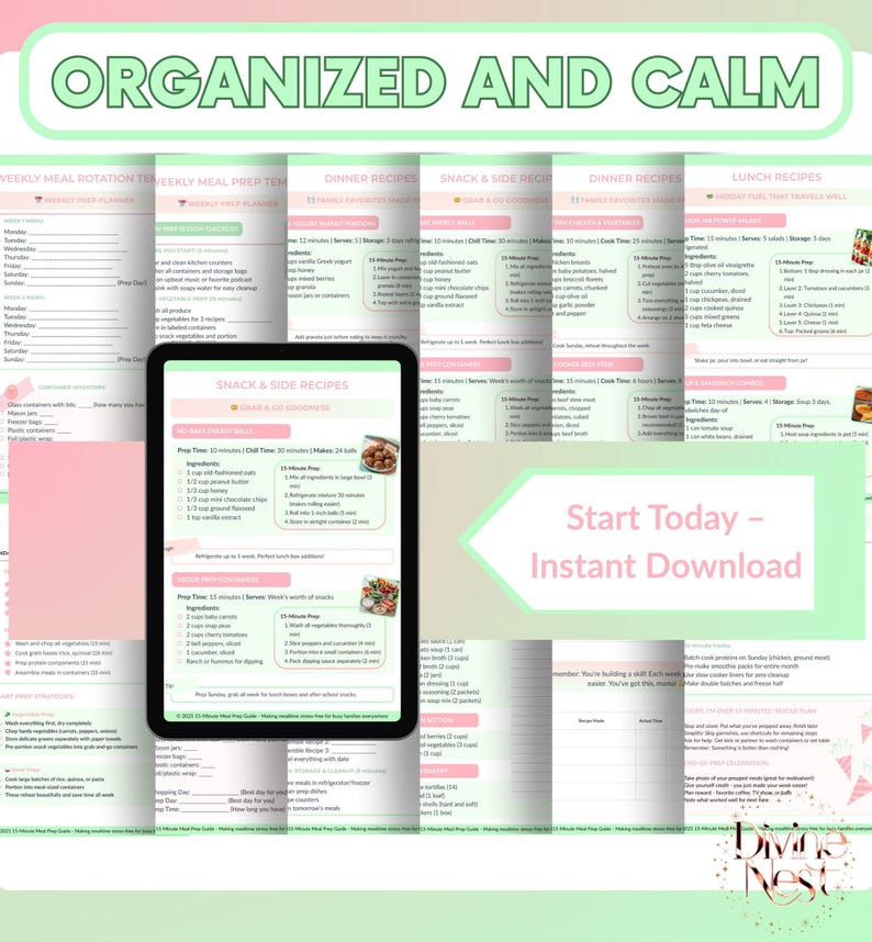 K&ouml;nnte beinhalten: Ein digitaler Essensplaner mit dem Text &bdquo;Organisiert und ruhig&ldquo; oben. Der Planer enth&auml;lt w&ouml;chentliche Essensrotationen, Abendessenrezepte, Snack- und Beilagenrezepte sowie Mittagessenrezepte. Der Text &bdquo;Start Today - Instant Download&ldquo; ist ebenfalls sichtbar.