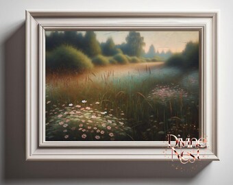 May include: A framed landscape painting depicts a serene meadow scene. The artwork features a field of wildflowers in shades of pink and white, tall grasses, and a misty background with trees. The painting is encased in a white frame.