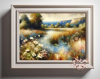 May include: A framed landscape painting featuring a serene waterscape with a river, tall grasses, and white flowers. The artwork has a soft, impressionistic style with a palette of blues, greens, and golds. The frame is white.