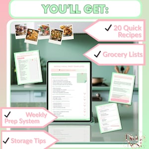 K&ouml;nnte beinhalten: Ein digitaler Essensplanungsleitfaden mit dem Text "YOU'LL GET: 20 Quick Recipes, Grocery Lists, Weekly Prep System, Storage Tips." Der Leitfaden enth&auml;lt ein Tablet, das eine w&ouml;chentliche Essensvorlage, Rezeptfotos und Einkaufslisten anzeigt.