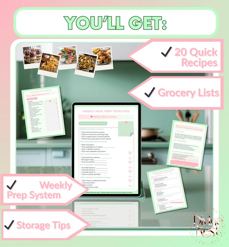 K&ouml;nnte beinhalten: Ein digitaler Essensplanungsleitfaden mit dem Text "YOU'LL GET: 20 Quick Recipes, Grocery Lists, Weekly Prep System, Storage Tips." Der Leitfaden enth&auml;lt ein Tablet, das eine w&ouml;chentliche Essensvorlage, Rezeptfotos und Einkaufslisten anzeigt.