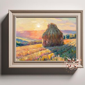 May include: A painting depicting a hay bale in a field at sunset. The sky is a blend of pink, orange, and yellow. The hay bale is brown and is in the foreground of the painting. The field is green and yellow.