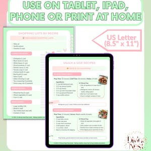 K&ouml;nnte beinhalten: Ein digitaler Essensplaner auf einem Tablet, mit Einkaufslisten und Snack-Rezepten. Der Text lautet: &bdquo;AUF TABLET, IPAD, TELEFON ODER ZU HAUSE DRUCKEN&ldquo;. Ein US Letter (21,6 cm x 27,9 cm) Format ist angegeben. Der Planer enth&auml;lt Abschnitte f&uuml;r Konserven, Tiefk&uuml;hlkost und Brot.