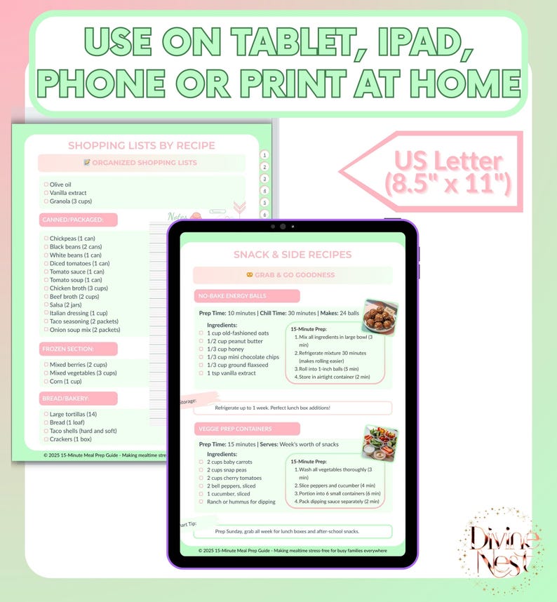 K&ouml;nnte beinhalten: Ein digitaler Essensplaner auf einem Tablet, mit Einkaufslisten und Snack-Rezepten. Der Text lautet: &bdquo;AUF TABLET, IPAD, TELEFON ODER ZU HAUSE DRUCKEN&ldquo;. Ein US Letter (21,6 cm x 27,9 cm) Format ist angegeben. Der Planer enth&auml;lt Abschnitte f&uuml;r Konserven, Tiefk&uuml;hlkost und Brot.
