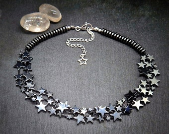 Hematite Star Multi Strand Choker Necklace Handmade UK, Beaded Statement Jewellery Jewelry Accessories