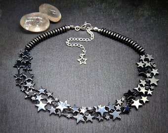 Hematite Star Multi Strand Choker Necklace Handmade UK, Rock Chick Boho Women's Beaded Statement Semi Precious Stone Jewellery Accessories