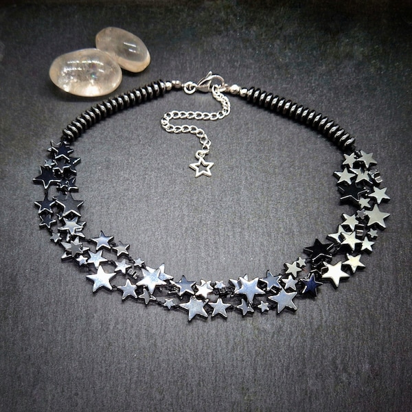 Hematite Star Multi Strand Choker Necklace Handmade UK, Rock Chick Boho Women's Beaded Statement Semi Precious Stone Jewellery Accessories