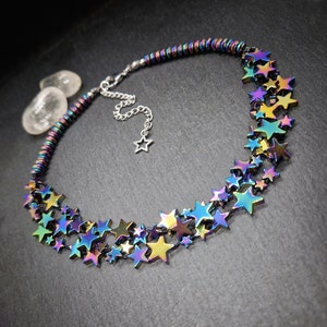 Rainbow Hematite Star Multi Strand Choker Statement Necklace Handmade UK, Rock Chick Boho Pride Beaded Semi Precious Stone Jewellery Gift