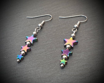 Hematite Star Dangle Earrings Handmade UK, Iridescent Rainbow Semi Precious Stone Celestial Jewellery, Boho Hippie Pride Star Gift for Her