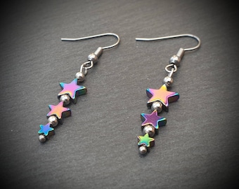 Hematite Star Dangle Earrings Handmade UK, Iridescent Rainbow Semi