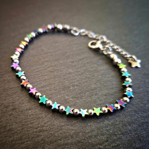 Dainty Rainbow Hematite Star Bead Bracelet Handmade Jewellery UK,  Bracelet with Semi Precious Stones, Boho Friendship Pride Bracelet Gift