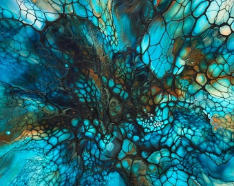 Acrylic Pour Painting: 40cm Fluid Art on Canvas, Blue Green Copper