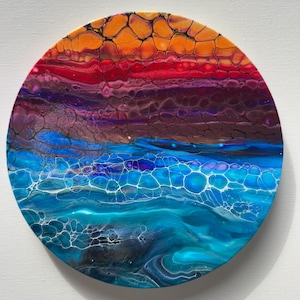 Pittura acrilica rotonda da 30 cm su tela, arcobaleno, tramonto, pittura a versamento, cerchio, cellule astratte, luccichio, iridescente, felice, fluida, arte originale