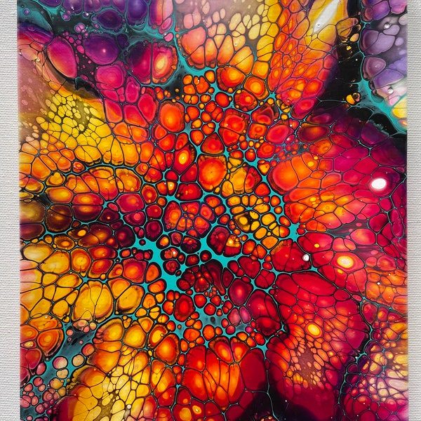 20 x 25 cm Rectangular Acrylic Pour Painting on Canvas Yellow Orange Pink Purple Turquoise Cells Sheleeart Rectangle Fluid Art Original