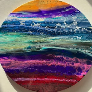Dipinto acrilico rotondo da 40 cm su tela, arcobaleno, tramonto, pittura, cerchio, astratto, cellule, luccichio, iridescente, felice, fluido, arte originale