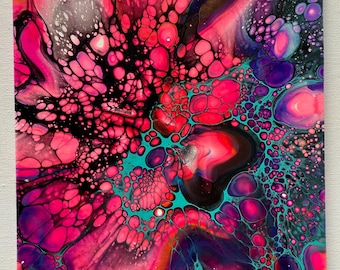 Abstract Acrylic Pour Painting: Iridescent Fluid Art on Canvas (20cm x 25cm)