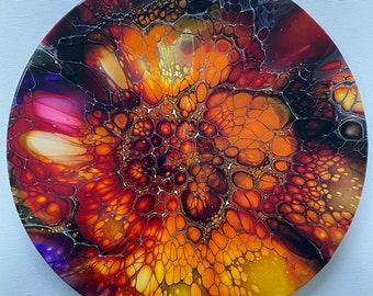 30cm Round Acrylic Pour Painting on Canvas - Shelee Art - cells Fluid Art - Autumn Fall Decor - Yellow, Purple, Brown Red Canvas