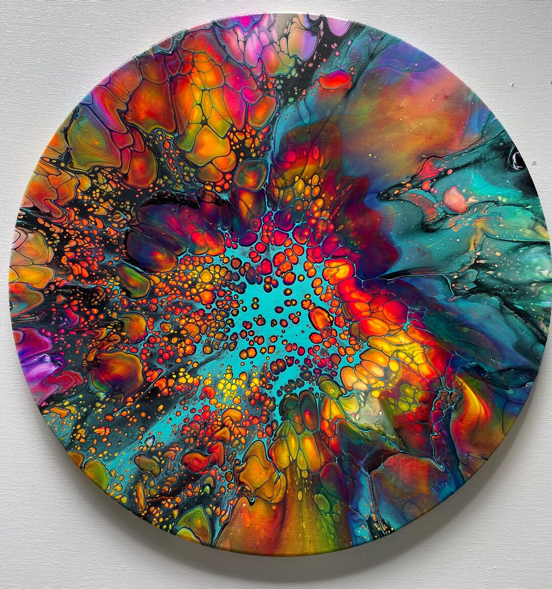 Rainbow Fluid Art Painting: Original Acrylic Pour on Round Canvas 50cm ...