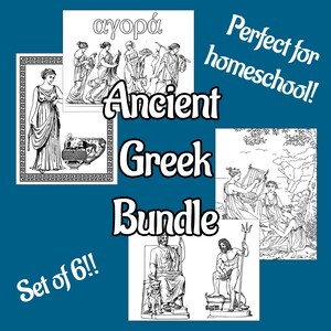 Pode incluir: Um conjunto de seis páginas para colorir com o tema da Grécia Antiga. As páginas apresentam desenhos de figuras, vasos e cenas gregas, com as palavras "Ancient Greek Bundle" e "Set of 6!!" em texto branco sobre um fundo azul-petróleo.