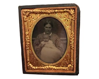 Tintype Victorian Portrait Mother and Child 3"x 2.5"