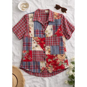 Conjunto de 2 piezas Koret City Blues Patchwork, estilo cottagecore de los 80 (camiseta y chaleco), estilo vintage americano.