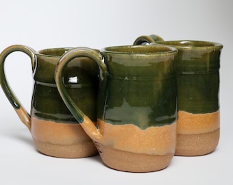 Handmade Stoneware Coffee Mug: Large, Forest Green and Wheat/Orange