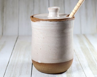 Ceramic Honey Jar, 12 Fl. oz, Cream Glaze,  Deep Brown Stoneware, Hand-Thrown Pottery, Honey Pot