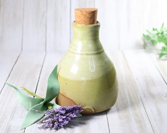 Handmade Ceramic Bottle with Cork, Chartreuse & Cream,  Stoneware, Pottery Dispenser, Flower Vase, Decorative