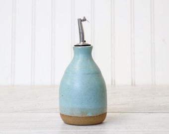 Hand-Thrown Stoneware Olive Oil Dispenser: 12 fl. oz. Rustic Farmhouse Cruet, Matte Turquoise