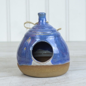 Ceramic Song Bird House, Cream and River Blue, Stoneware, Outdoor Garden Art, Hanging, Yard Décor, Handmade Gift