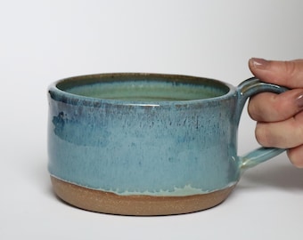 Handmade Ceramic Soup Mug: 22 oz Turquoise and Blue Glaze Stoneware Pottery