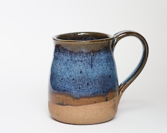Handmade Ceramic Coffee Mug: Large Stoneware Pottery, Amber and Blue, 14 fl. oz.
