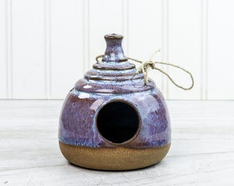 Handmade Stoneware Bird House: Brown/Purple/Blue Glaze, Decorative
