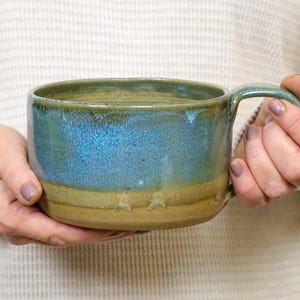 Ceramic Coffee Soup Mug, Large 22 oz, Cobblestone & Blue Glaze, Stoneware, Wheel Thrown Pottery, Chowder Bowl, Tea Mug