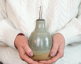 Hand-Thrown Stoneware Olive Oil Dispenser: 12 fl. oz. Rustic Farmhouse Cruet, Cobblestone