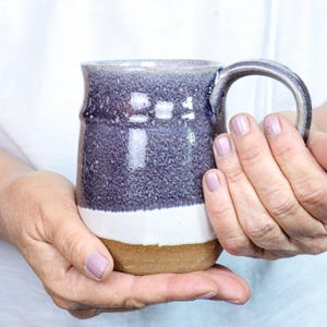 Ceramiczny kubek do kawy i herbaty, duży, kremowy i fioletowo-szary, kamionka, toczony na kole, kubek do zupy, ręcznie robiony