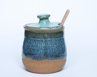 Handmade Honey Jar, 14 Fl. oz, Cobblestone and Blue Glaze Pottery