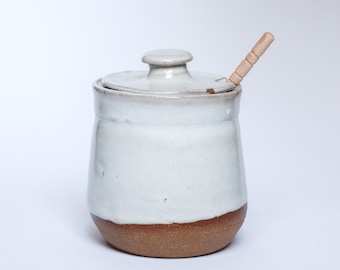 Handmade Pottery Honey Jar: Cream Glaze, Stoneware, with Dipper, 14 fl. oz