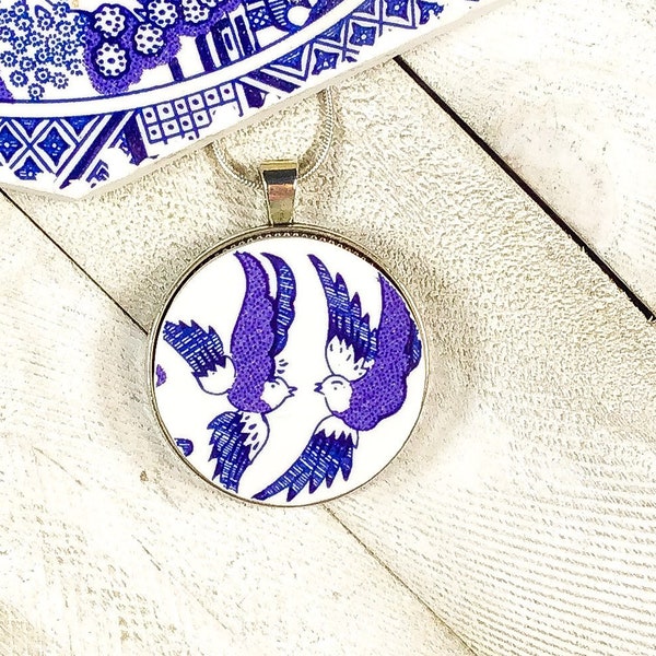 Broken China Necklace Pendant, Medallion, Blue Willow, Made from a Vintage China Plate, Unique Gift for Girlfriend, Wife, Mom, Anniversary