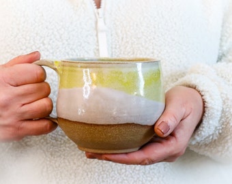 Ceramic Mug, Large 22 Fl. oz, Cappuccino, Yellow and Cream Glaze, Stoneware Pottery, Wheel Thrown, Soup Mug, Chowder