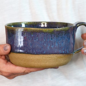 Handmade Stoneware Soup Mug: 22 oz Wheel Thrown Pottery, Purple & Green