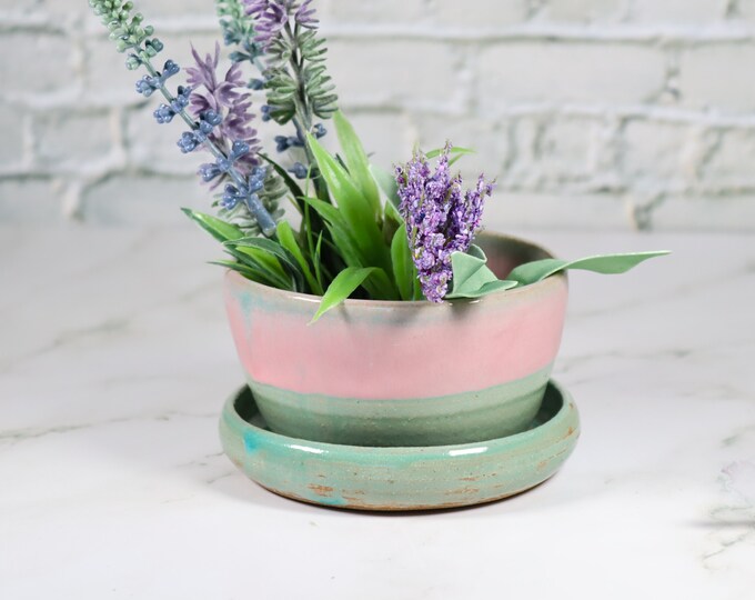 Ceramic Mini Planter With Attached Water Tray, Pink and Turquoise, Indoor Outdoor Pottery, Garden, Handmade Gift