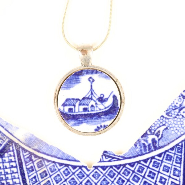 Broken China Necklace Pendant, Made from a Vintage Fine China Plate, BLUE WILLOW, Boat Pattern, Unique Gift for You, Friend, Anniversary Mom