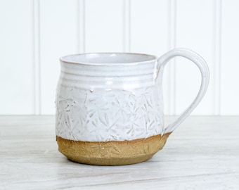 Handmade Dragonfly Pottery Mug: Cream Glaze Stoneware, 16 oz