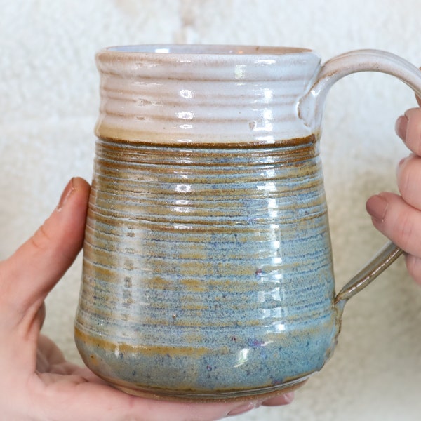 Ceramic Coffee Tea Mug, Large 18 Fl. oz, Cream & Costal Blue Glaze, Stoneware Pottery, Wheel Thrown, Handmade Gift