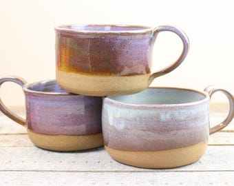 Handmade Ceramic Soup Mug: 22 oz Brown/Blue/Purple Glaze Stoneware Pottery