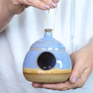 Ceramic Song Bird House, Nutmeg and Blue Glazes, Stoneware, Outdoor Garden Art, Hanging, Yard Décor, Handmade Gift